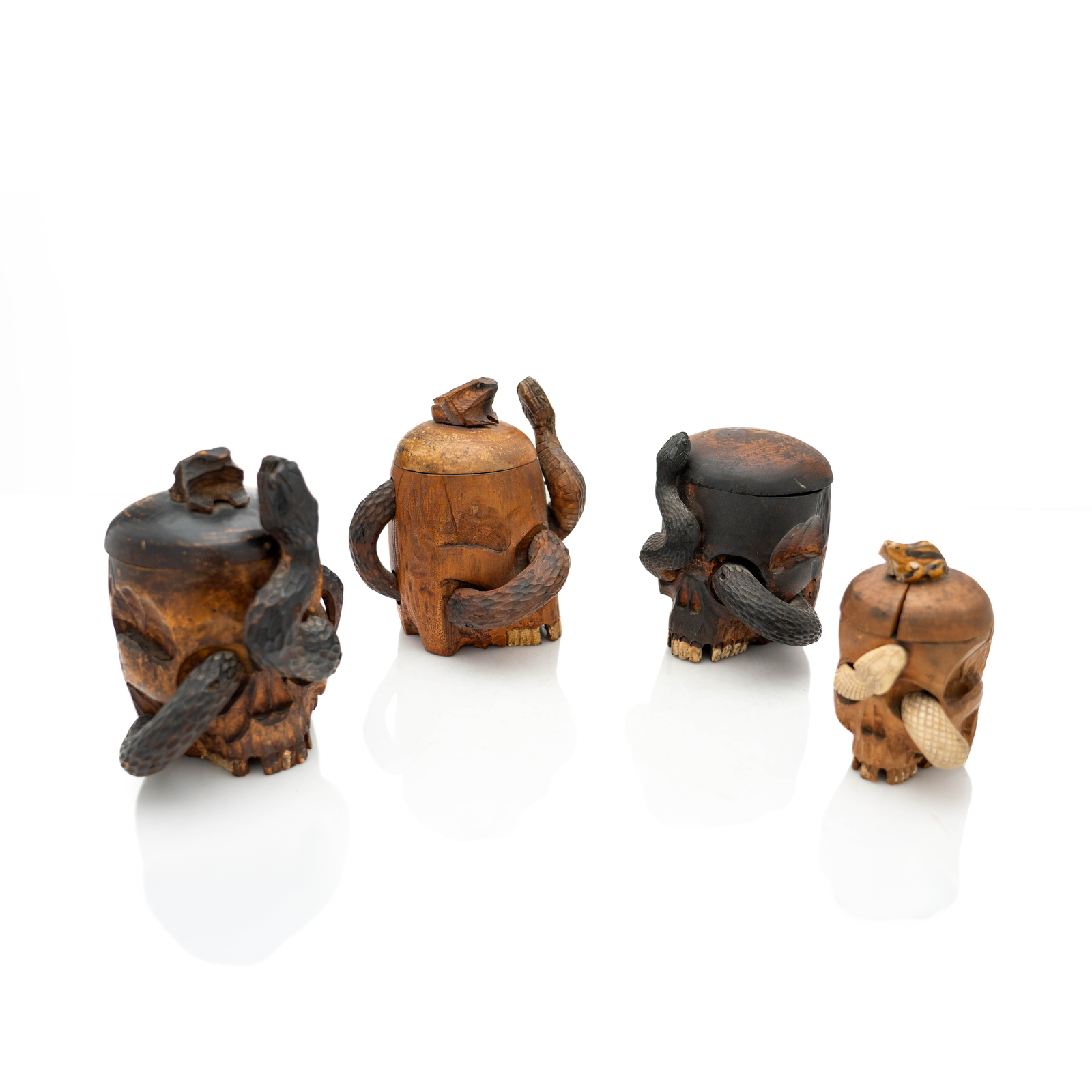 Japanese Meiji Period Wooden Skull Head Tobacco Boxes